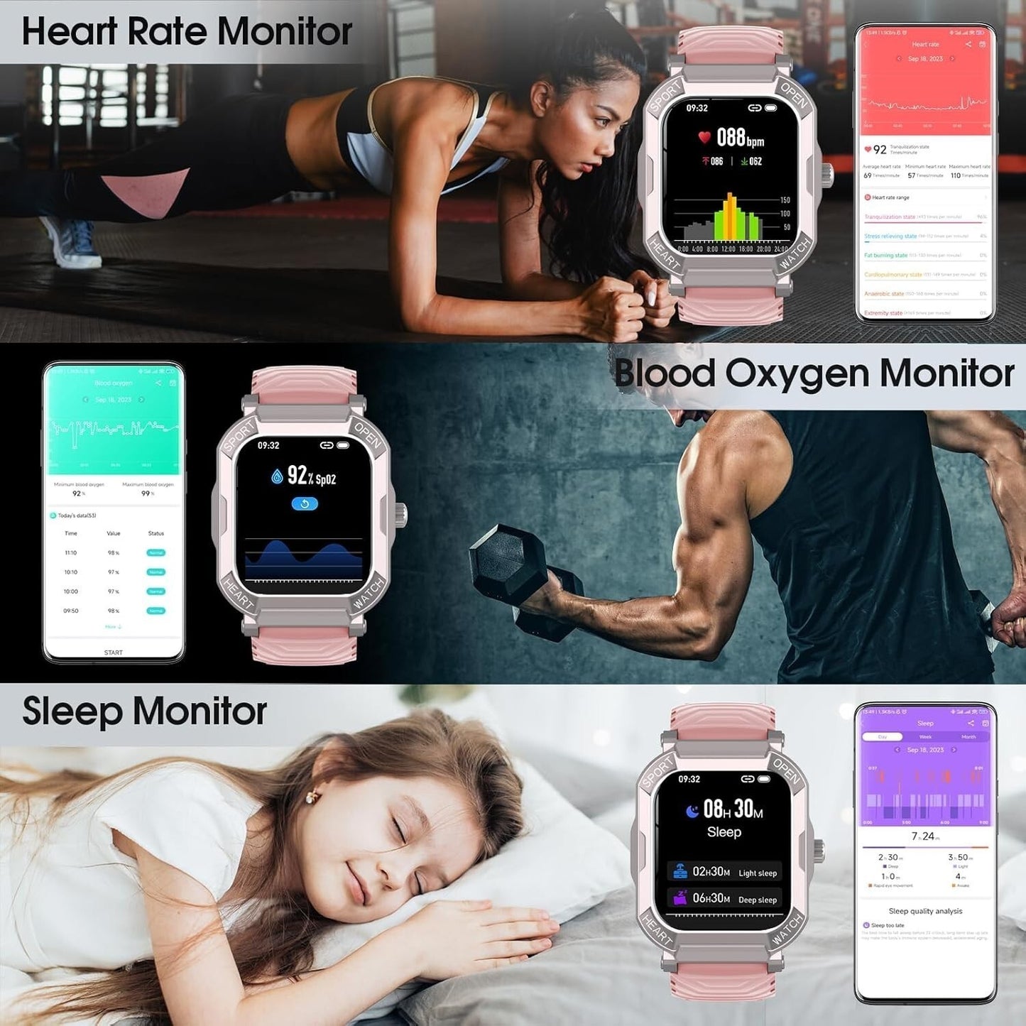 Smartwatch Rosa Donna Chiamate Bluetooth IP68 Fitness Tracker, 110+ Sportive REM