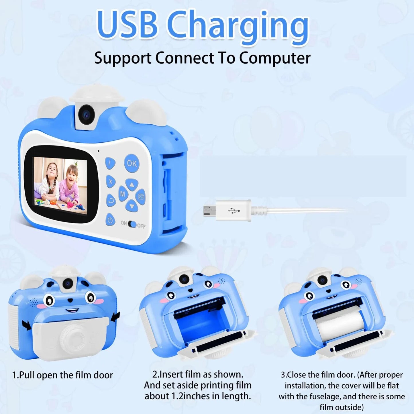 Fotocamera digitale istantanea per bambini ricaricabile con scheda SD 32 GB BLU