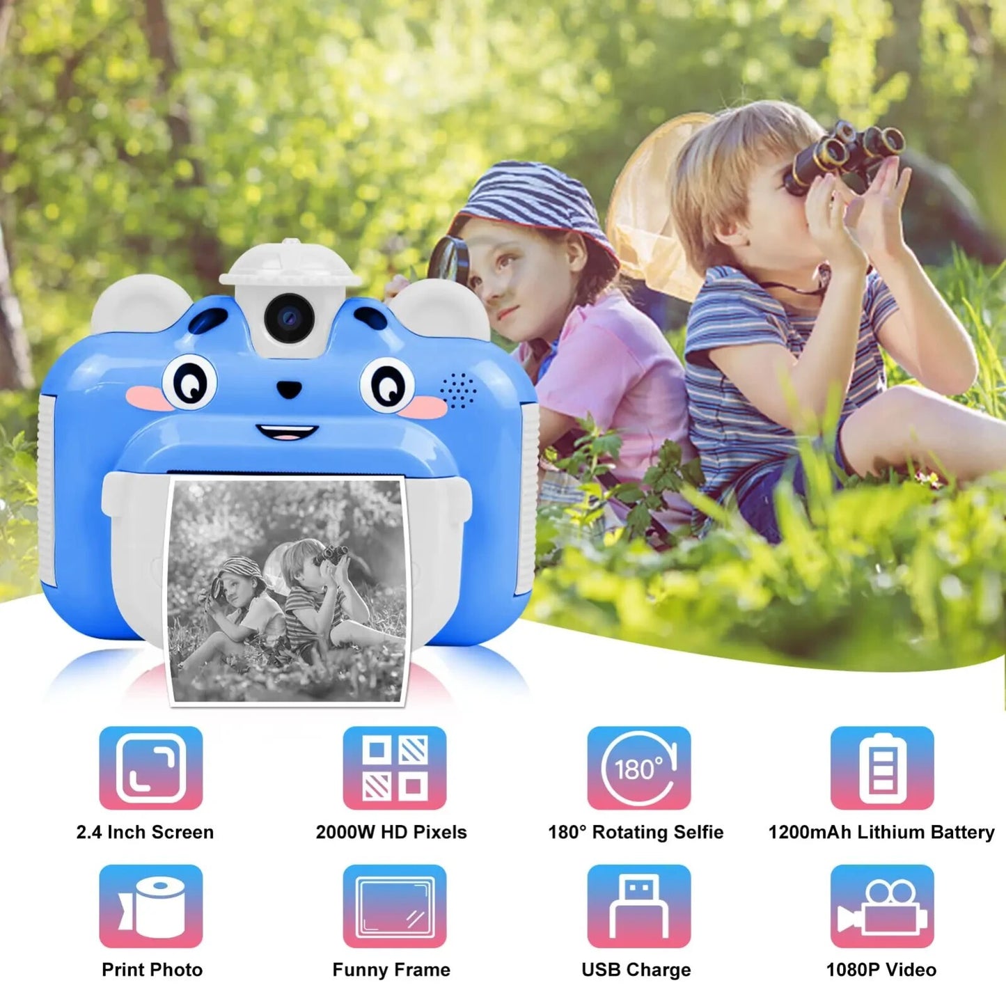 Fotocamera digitale istantanea per bambini ricaricabile con scheda SD 32 GB BLU