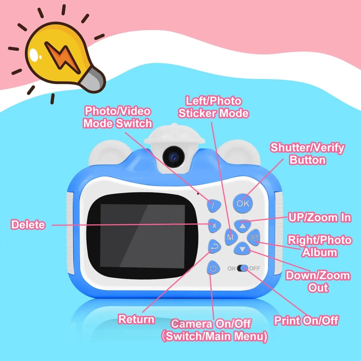 Fotocamera digitale istantanea per bambini ricaricabile con scheda SD 32 GB BLU