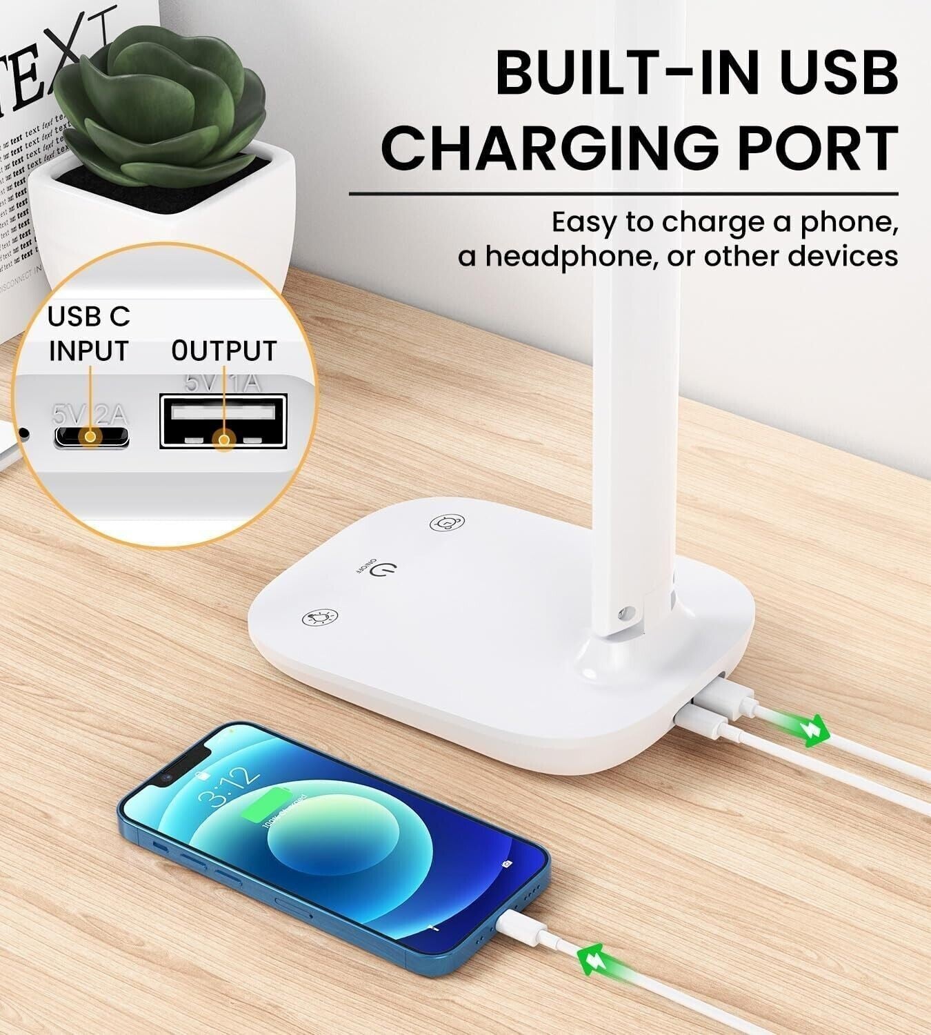 Lampada da Scrivania, Pieghevole Lampada Scrivania LED con Filo USBC, Dimmer