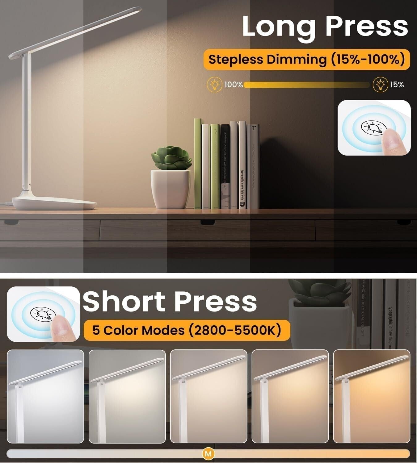 Lampada da Scrivania, Pieghevole Lampada Scrivania LED con Filo USBC, Dimmer