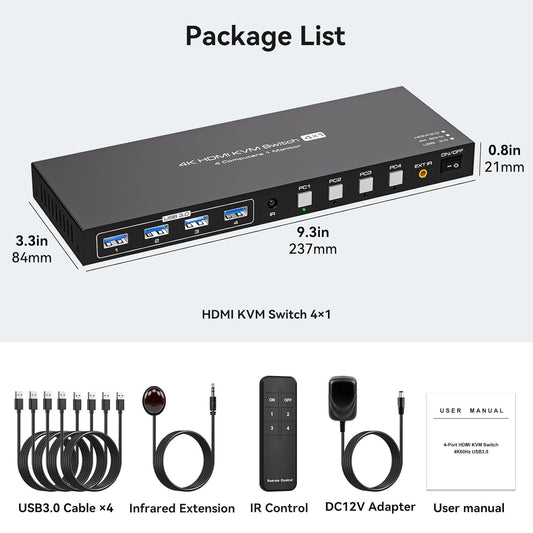 Switch KVM HDMI VPFET a 4 porte, 4 PC, 1 monitor, switch KVM 4K60Hz