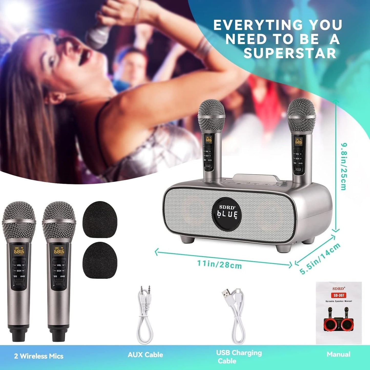 Altoparlante Bluetooth per karaoke, karaoke con 2 microfoni wireless UHF
