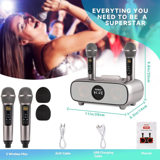 Altoparlante Bluetooth per karaoke, karaoke con 2 microfoni wireless UHF