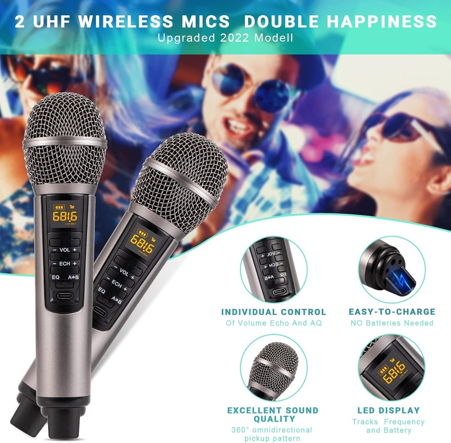 Altoparlante Bluetooth per karaoke, karaoke con 2 microfoni wireless UHF