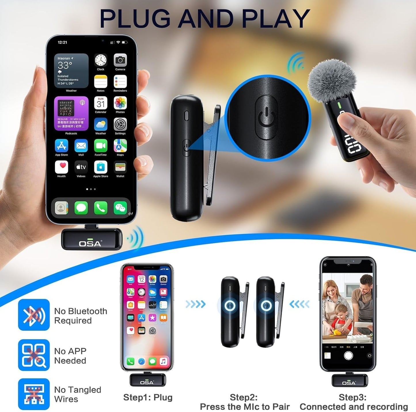 Microfono wireless OSA con custodia di ricarica e trasmettitore Display digitale