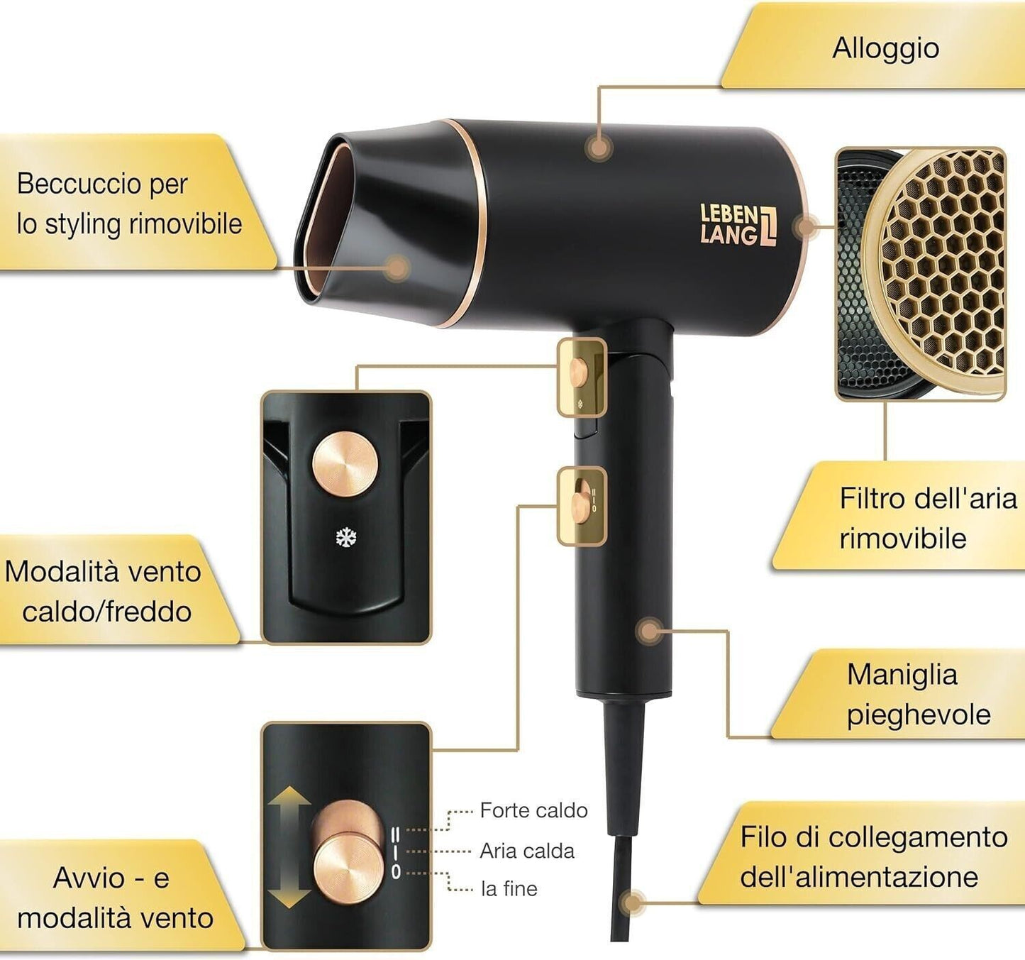 Asciugacapelli Ion 2100W, Anti-Spliss con modalità aria fredda, Asciugacapelli