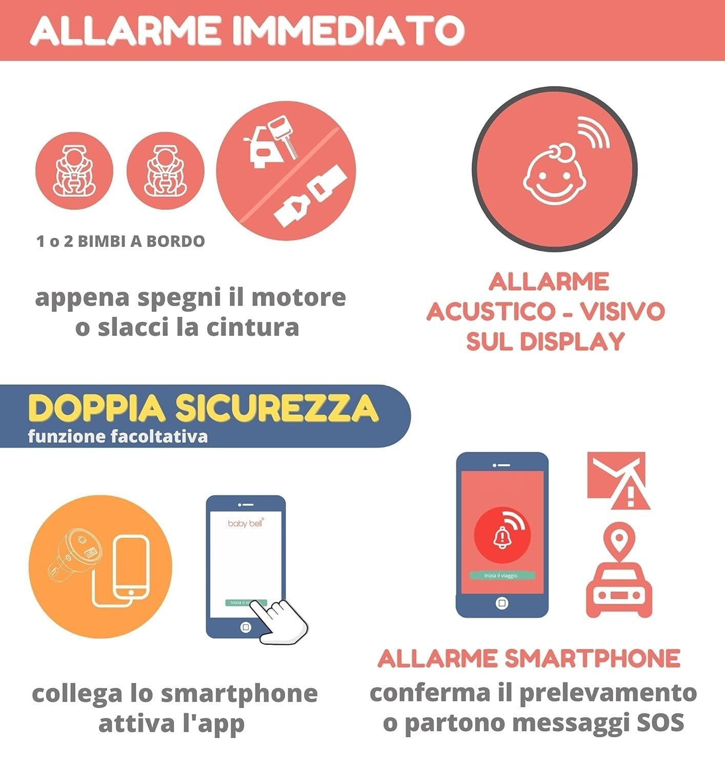 Dispositivo antiabbandono Baby Bell kit per due seggiolini Family PLUS universal