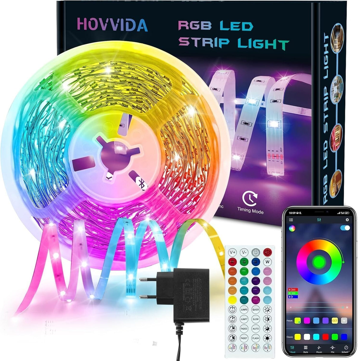 Striscia LED RGB 10m 24V 300 LED Bluetooth App Telecomando 44 Tasti Musica Timer