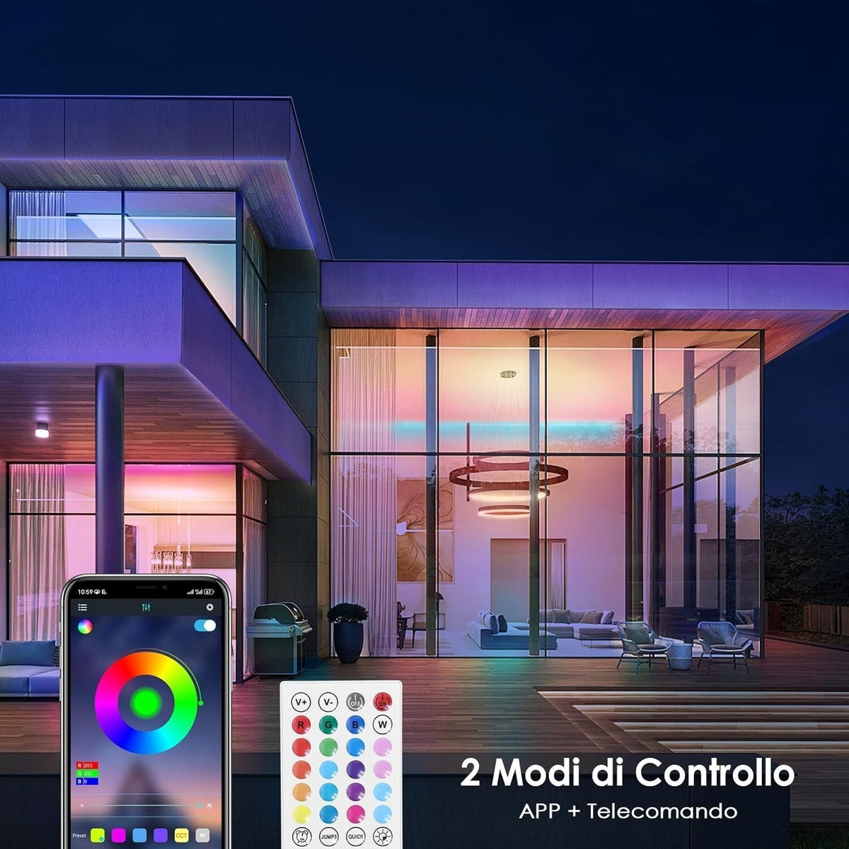 Striscia LED RGB 10m 24V 300 LED Bluetooth App Telecomando 44 Tasti Musica Timer