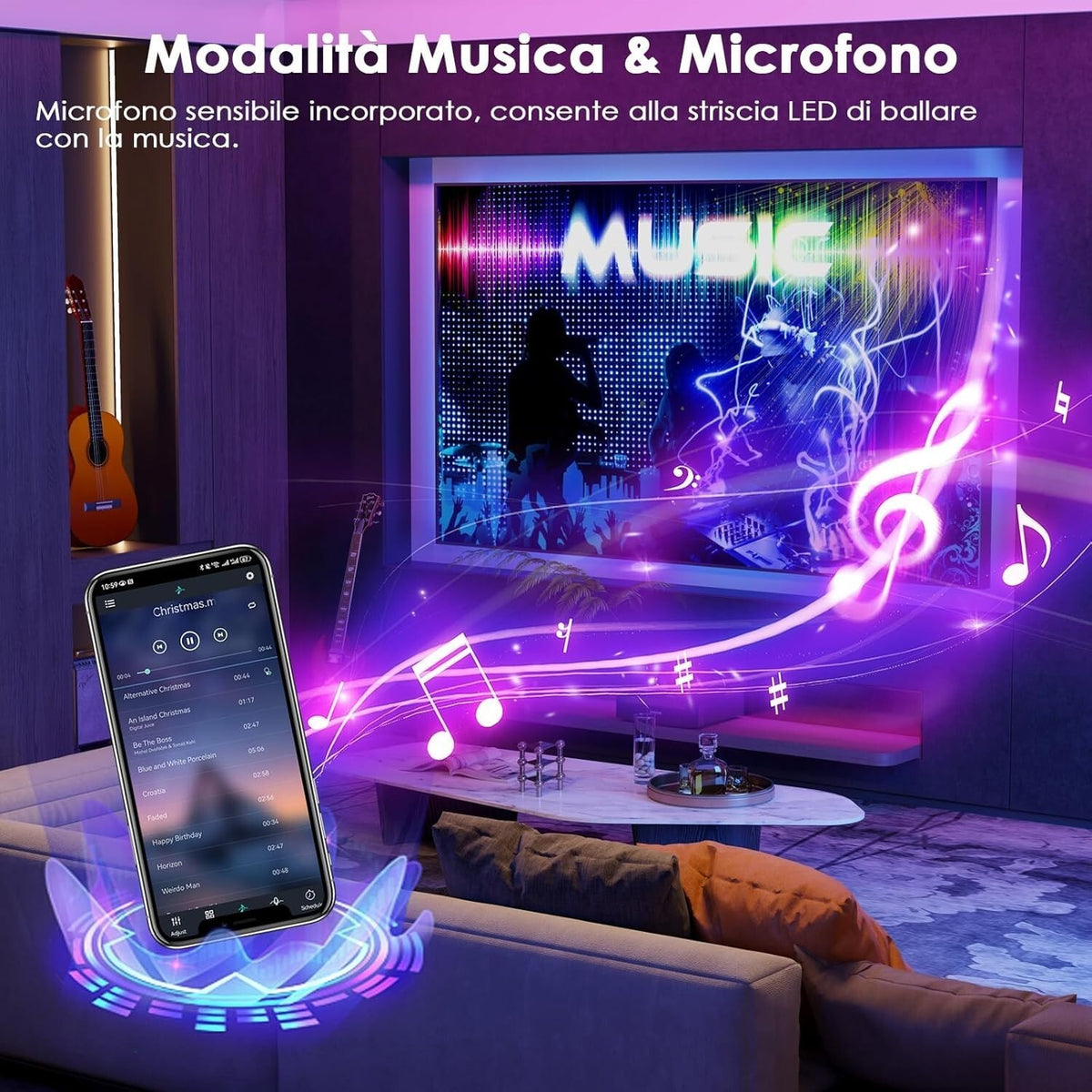 Striscia LED RGB 10m 24V 300 LED Bluetooth App Telecomando 44 Tasti Musica Timer