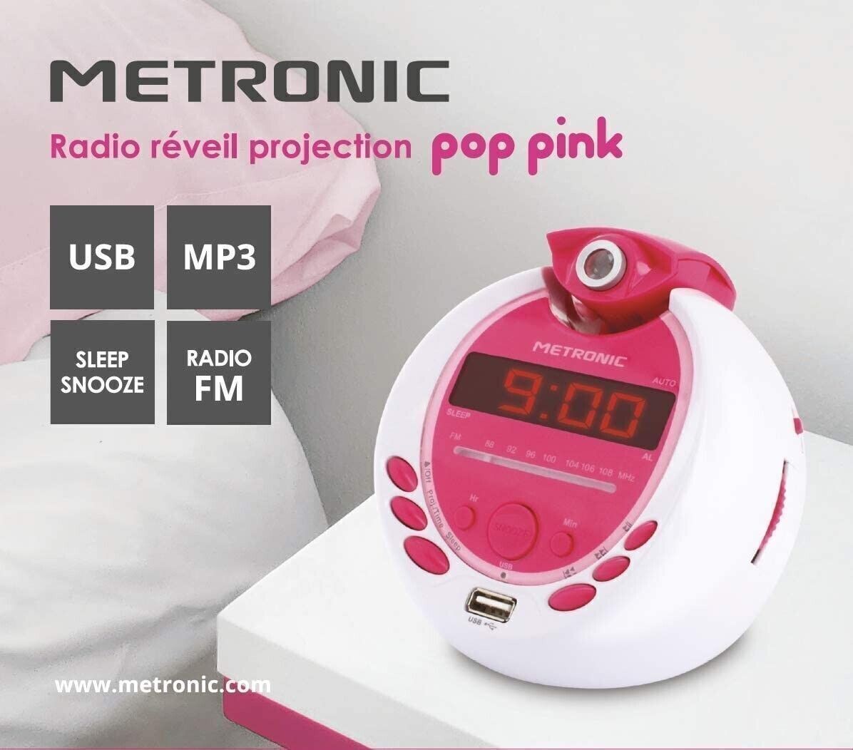 Metronic MP3 USB proiezione radiosveglia per bambini - bianco e rosa