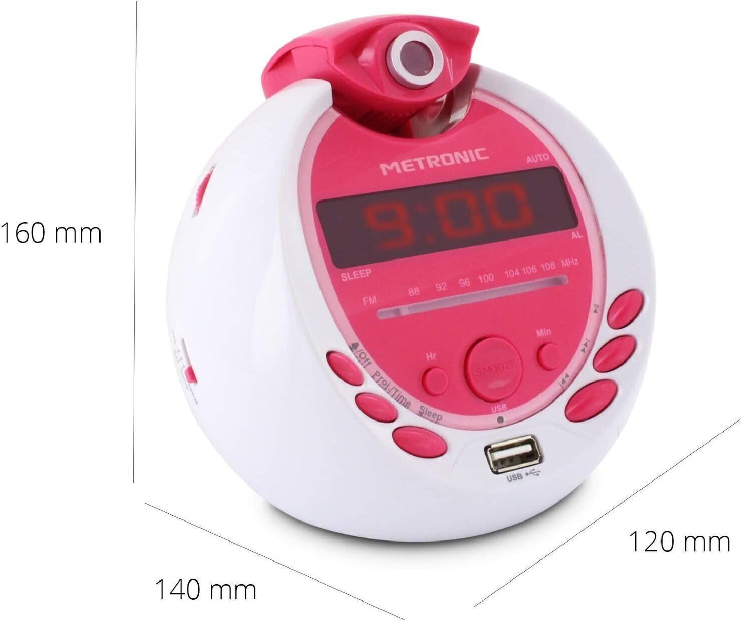 Metronic MP3 USB proiezione radiosveglia per bambini - bianco e rosa
