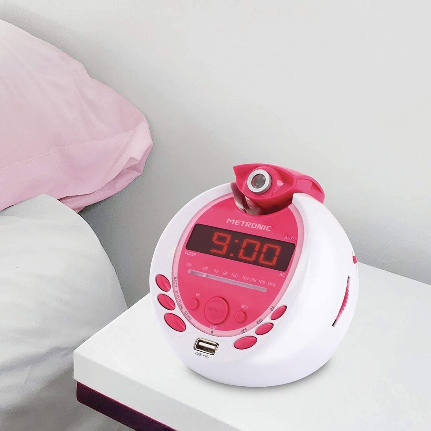 Metronic MP3 USB proiezione radiosveglia per bambini - bianco e rosa