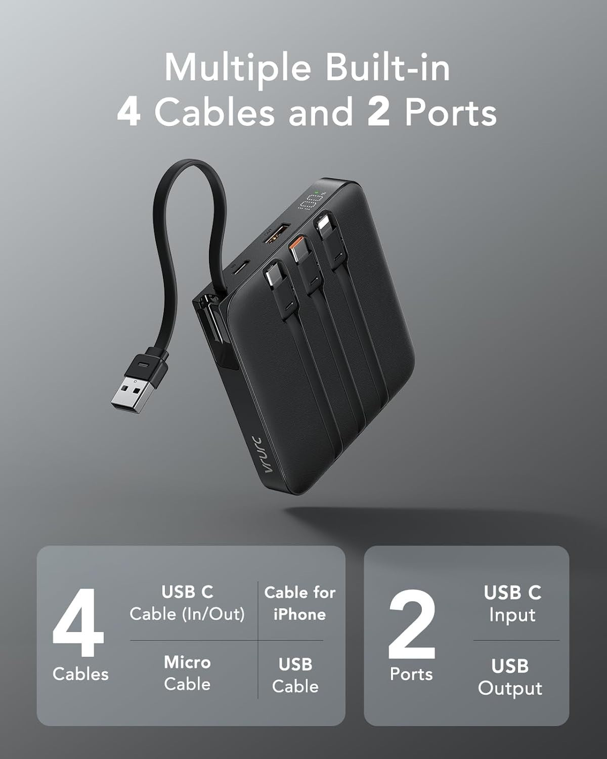Power Bank VRURC con cavo di ricarica rapida USB C con cavi integrati