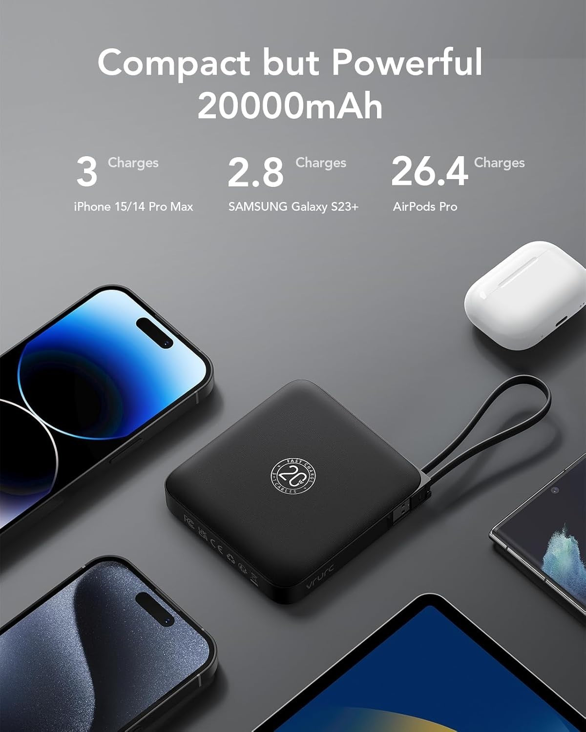 Power Bank VRURC con cavo di ricarica rapida USB C con cavi integrati