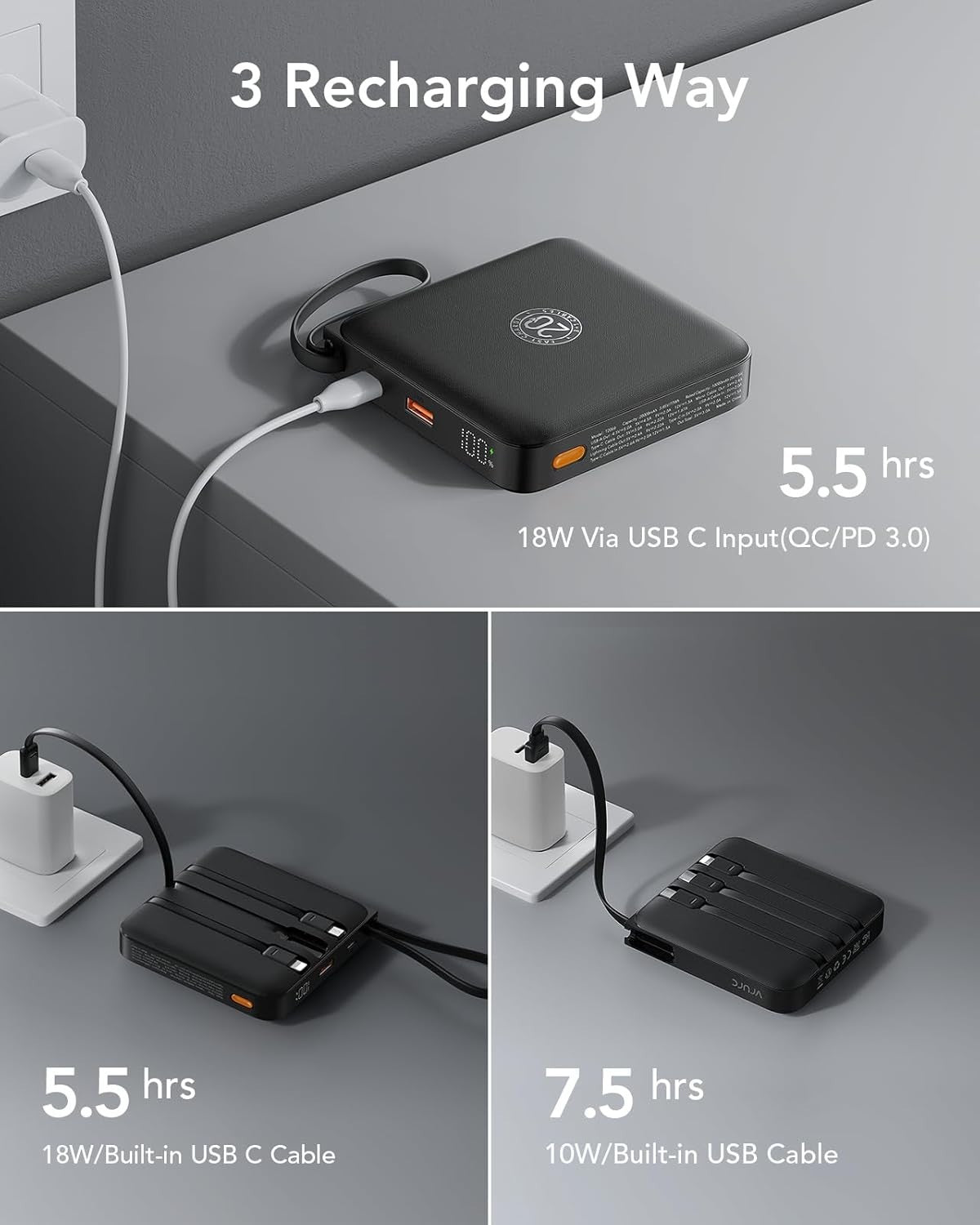 Power Bank VRURC con cavo di ricarica rapida USB C con cavi integrati