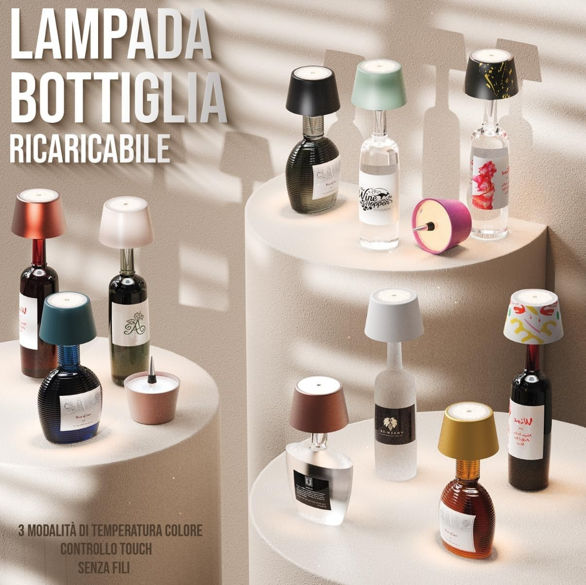 Lampada ricaricabile a forma di bottiglia da tavolo wireless dimmerabile