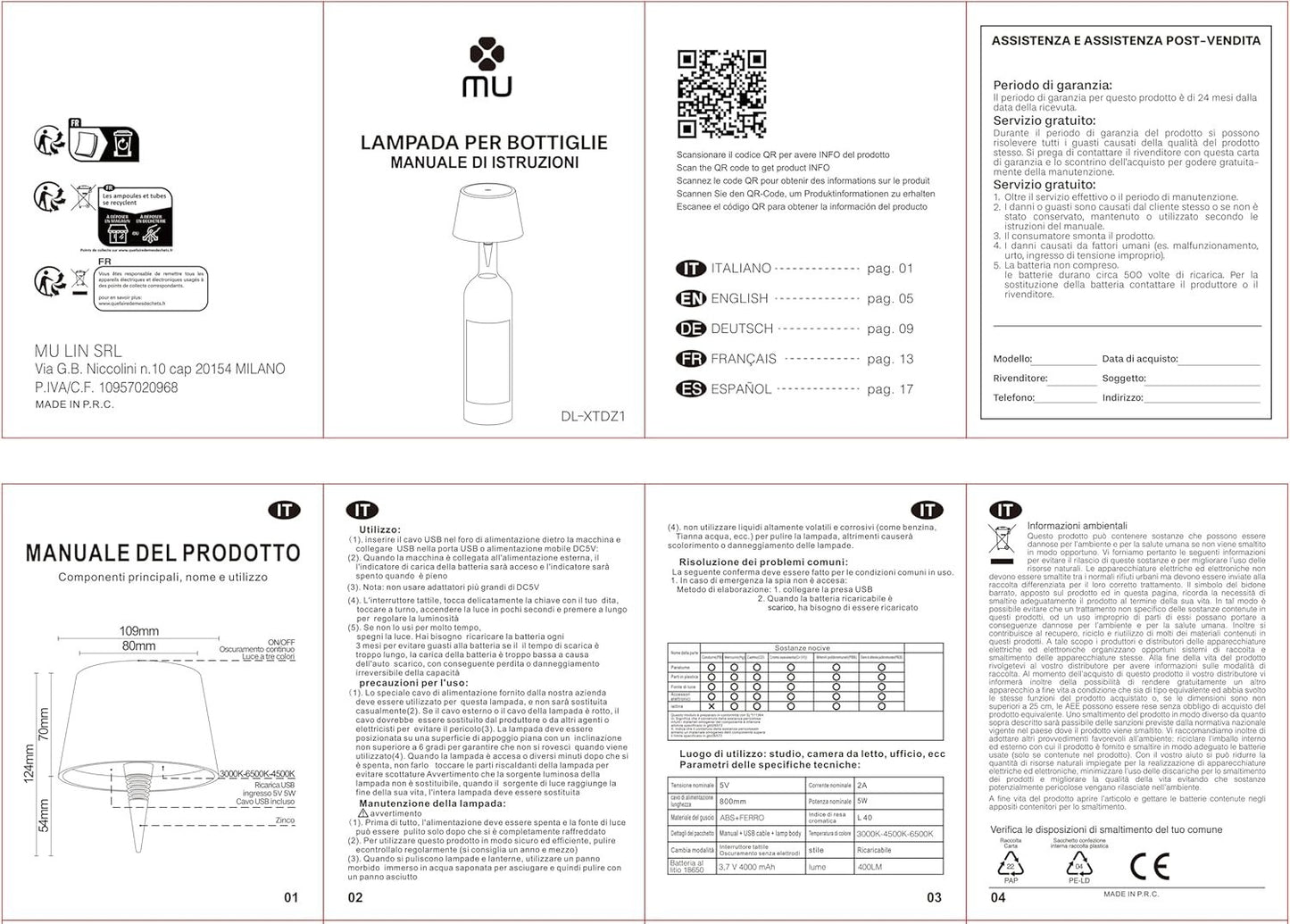 Lampada ricaricabile a forma di bottiglia da tavolo wireless dimmerabile