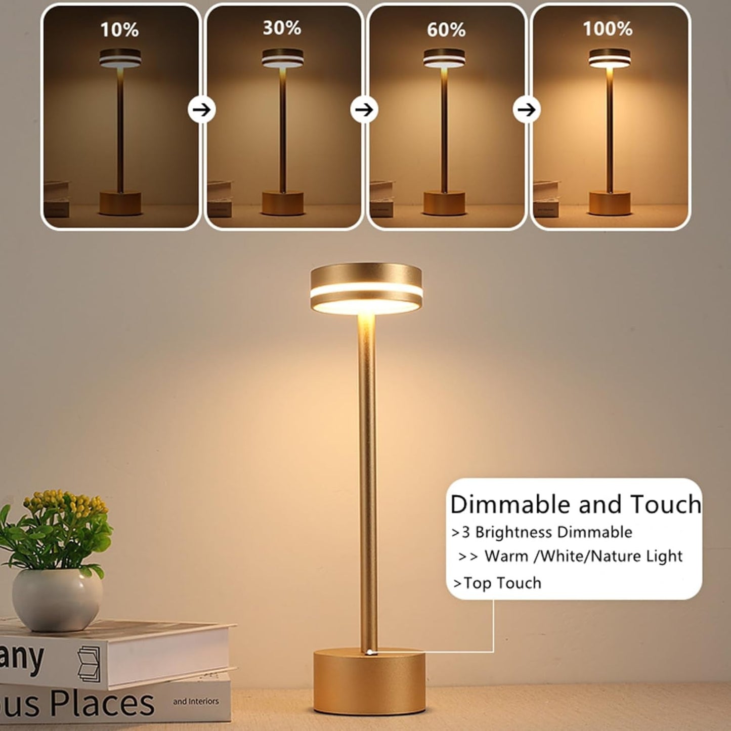Lampada da tavolo senza fili a  batteria a 3 colori regolabili dimmerabile touch