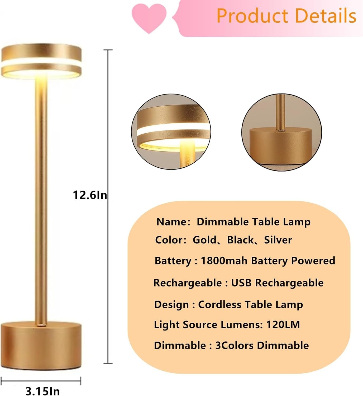 Lampada da tavolo senza fili a  batteria a 3 colori regolabili dimmerabile touch