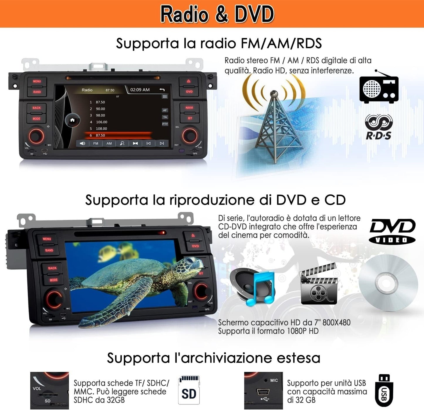 Autoradio iFreGo 7 pollici 1 DIN touch screen per BMW 3 E46 radio Autolink (Q7z)