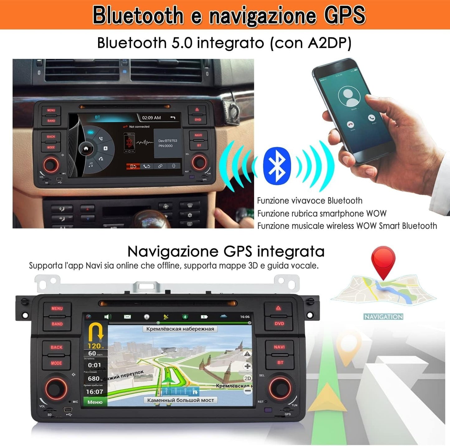 Autoradio iFreGo 7 pollici 1 DIN touch screen per BMW 3 E46 radio Autolink (Q7z)