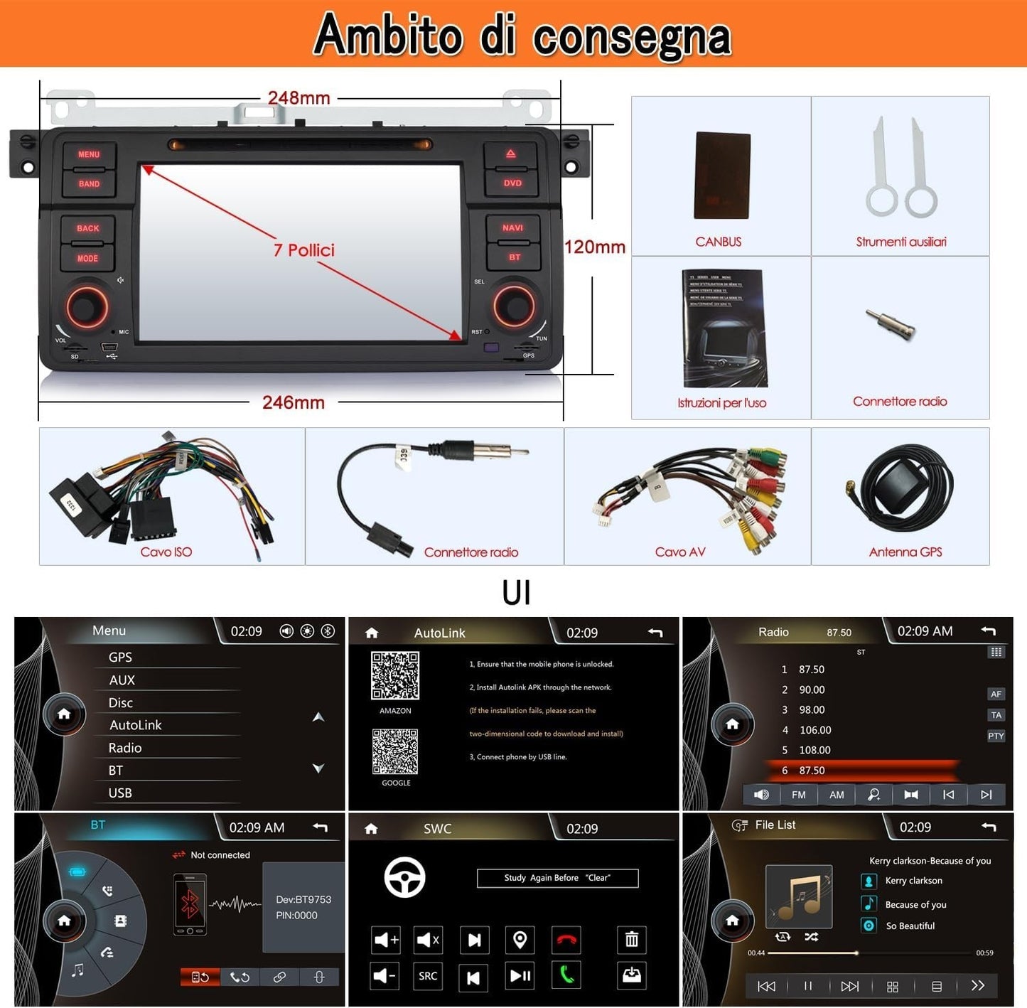 Autoradio iFreGo 7 pollici 1 DIN touch screen per BMW 3 E46 radio Autolink (Q7z)