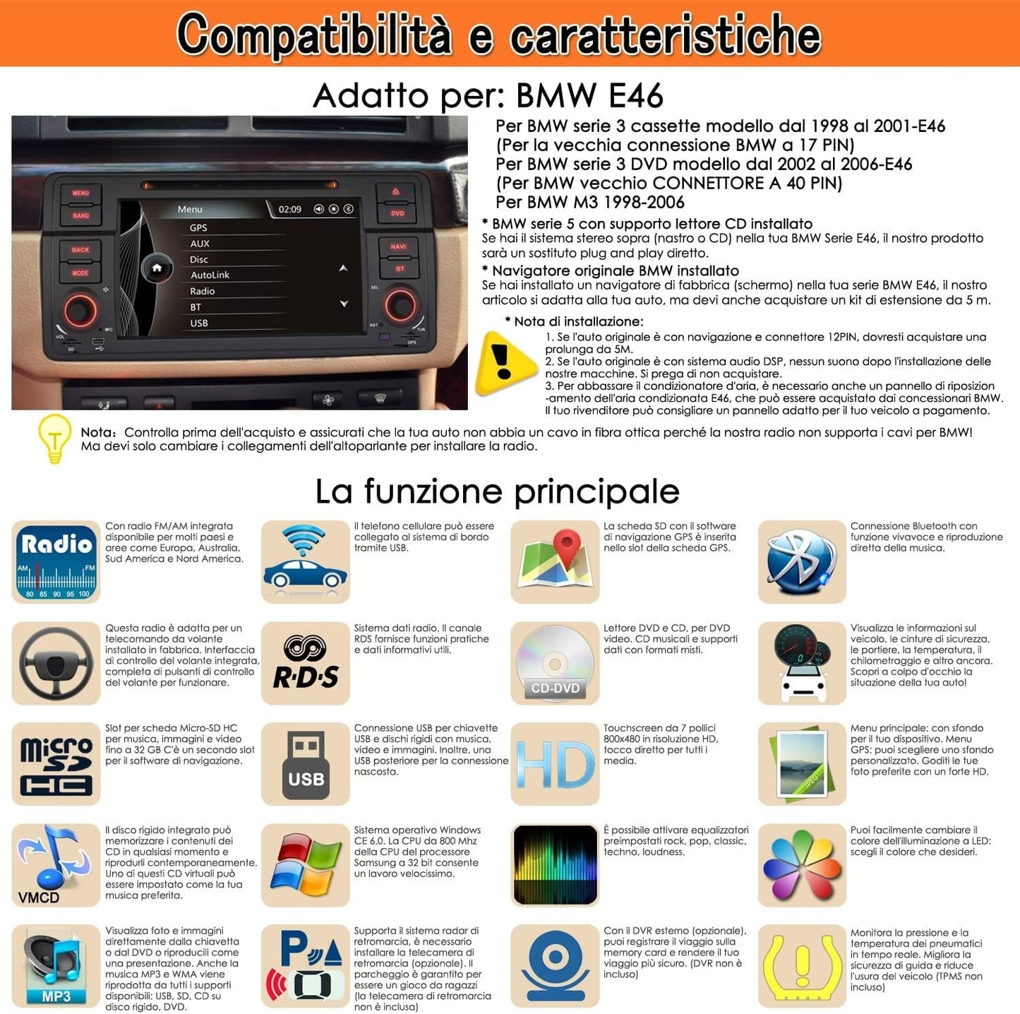 Autoradio iFreGo 7 pollici 1 DIN touch screen per BMW 3 E46 radio Autolink (Q7z)