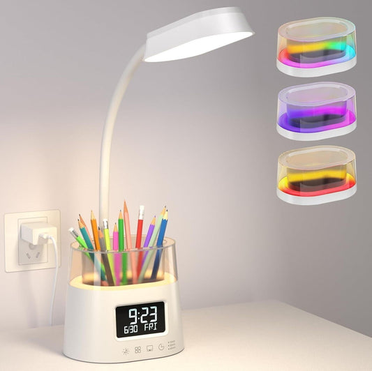 Lampada Scrivania LED RGB 3 Colori Touch Dimmerabile Portapenne Orologio Timer