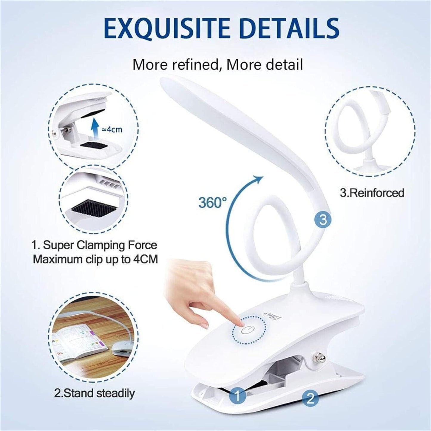 20LED Lampada da tavolo a clip, lampada da comodino wireless, 3 luminosità