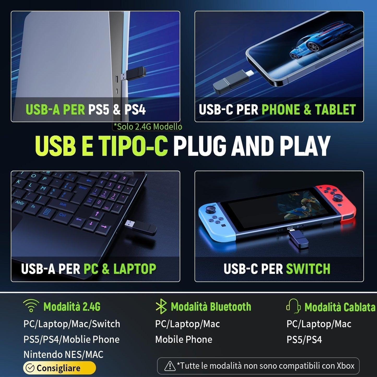 Cuffie da gioco wireless Tatybo per PC/Ps5/PS4 con doppia modalità 2,4 GHz + Blu