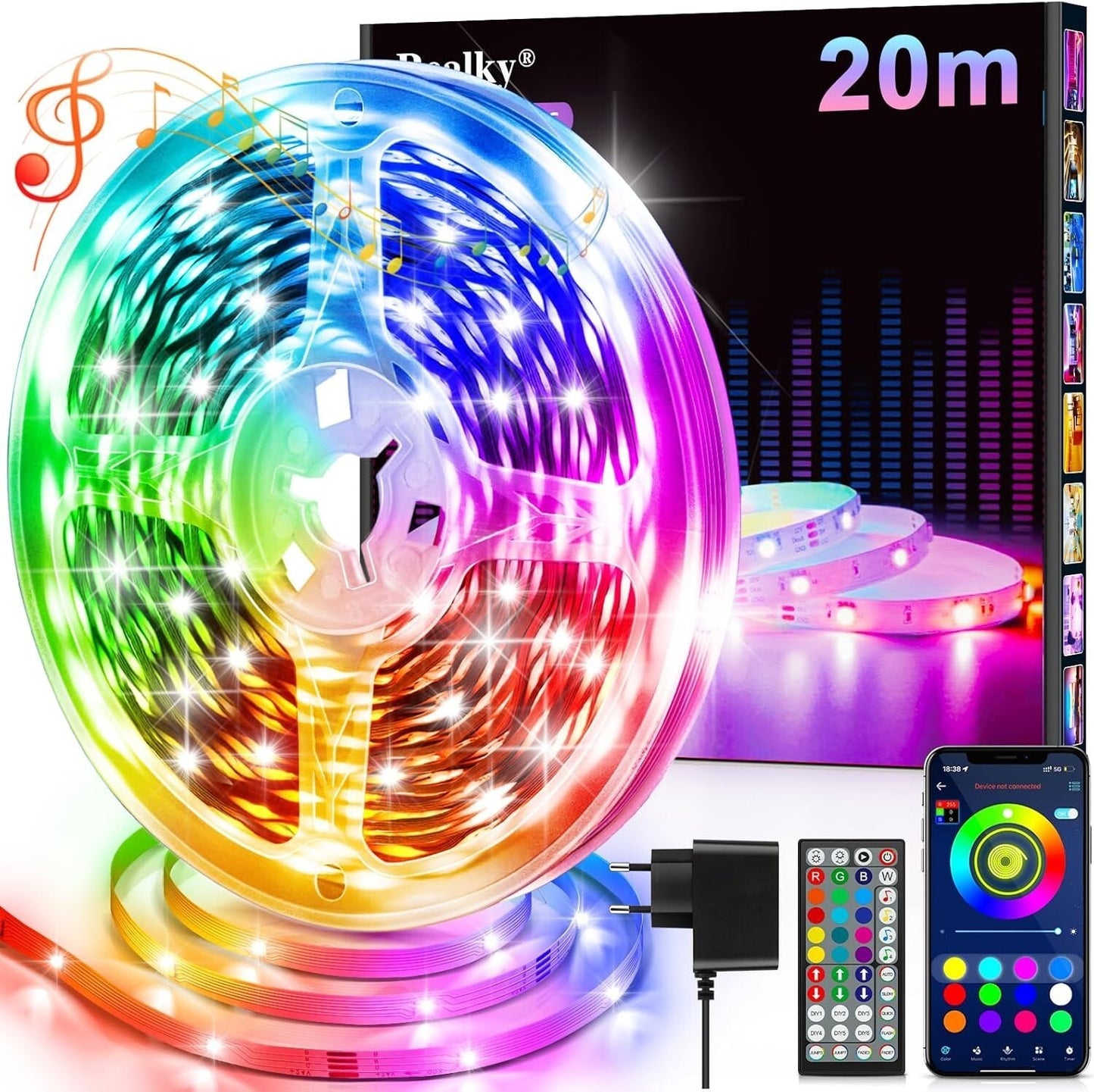 Realky Striscia LED, 20M RGB Luci Camera da Letto, Bluetooth APP Controllato Mul
