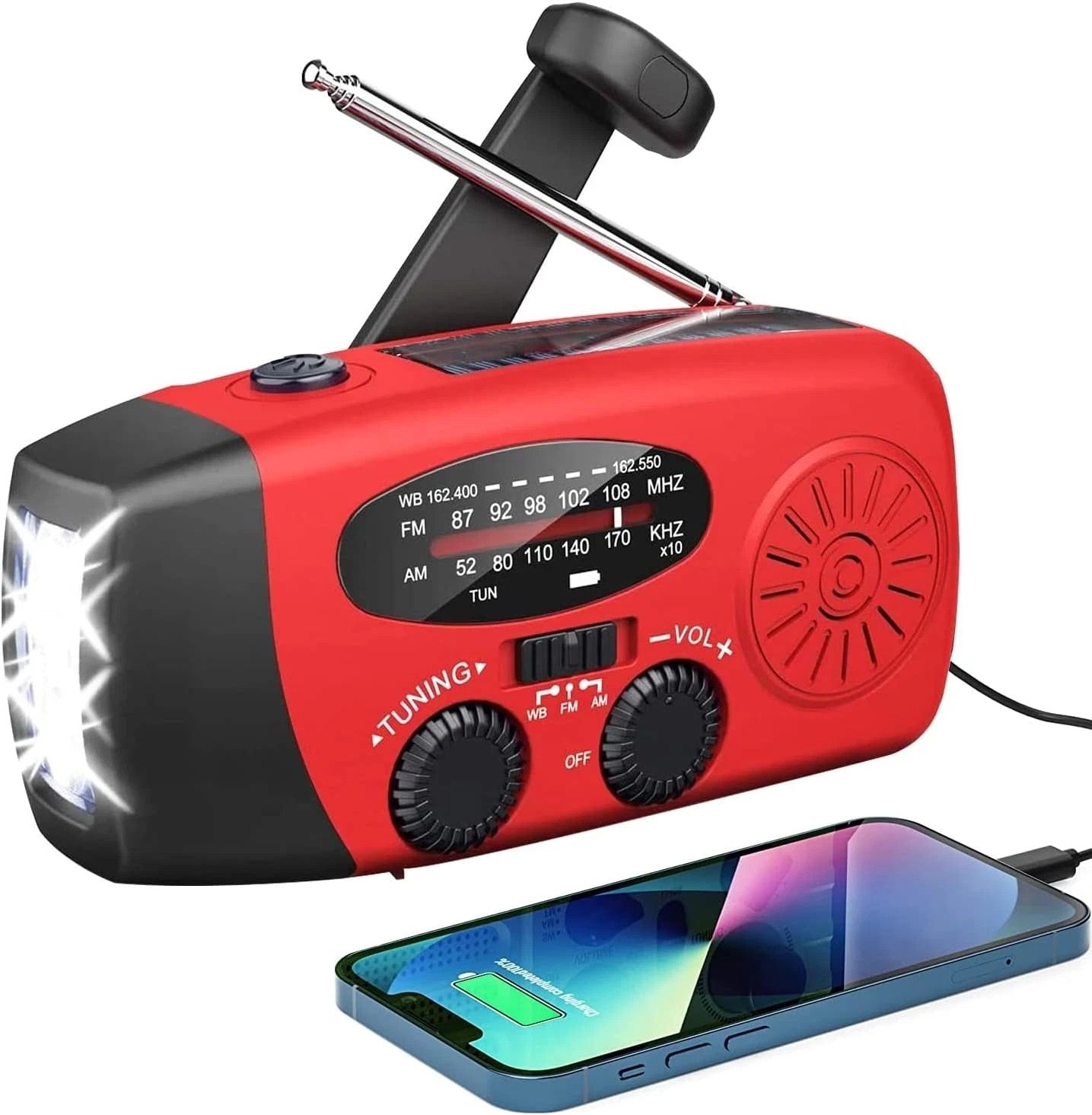 Radio Solare Wind Up, Radio Meteo Portatile AM/FM/WB Con Torcia LED E Batteria