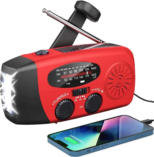 Radio Solare Wind Up, Radio Meteo Portatile AM/FM/WB Con Torcia LED E Batteria