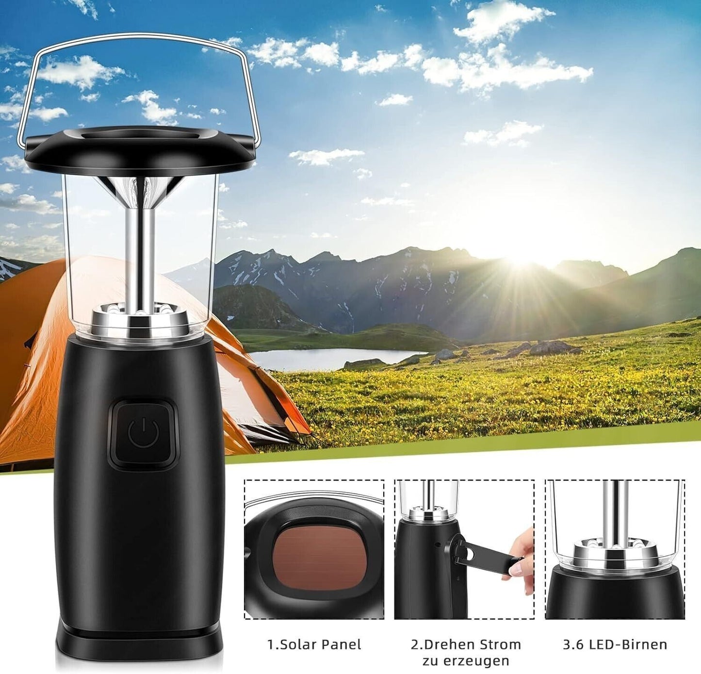 Lampada da campeggio a LED, lampada da campeggio, lampada solare a manovella USB