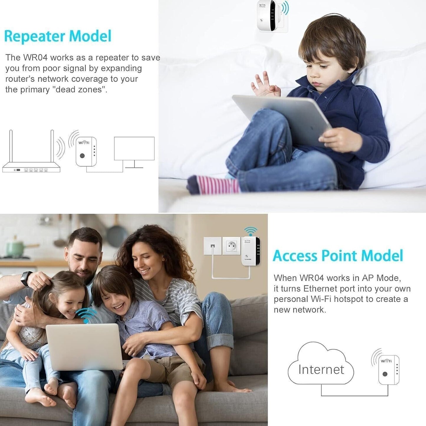 Amplificatore WLAN, ripetitore WiFi, 300 Mbit/s, ripetitore WiFi da 2,4 GHz