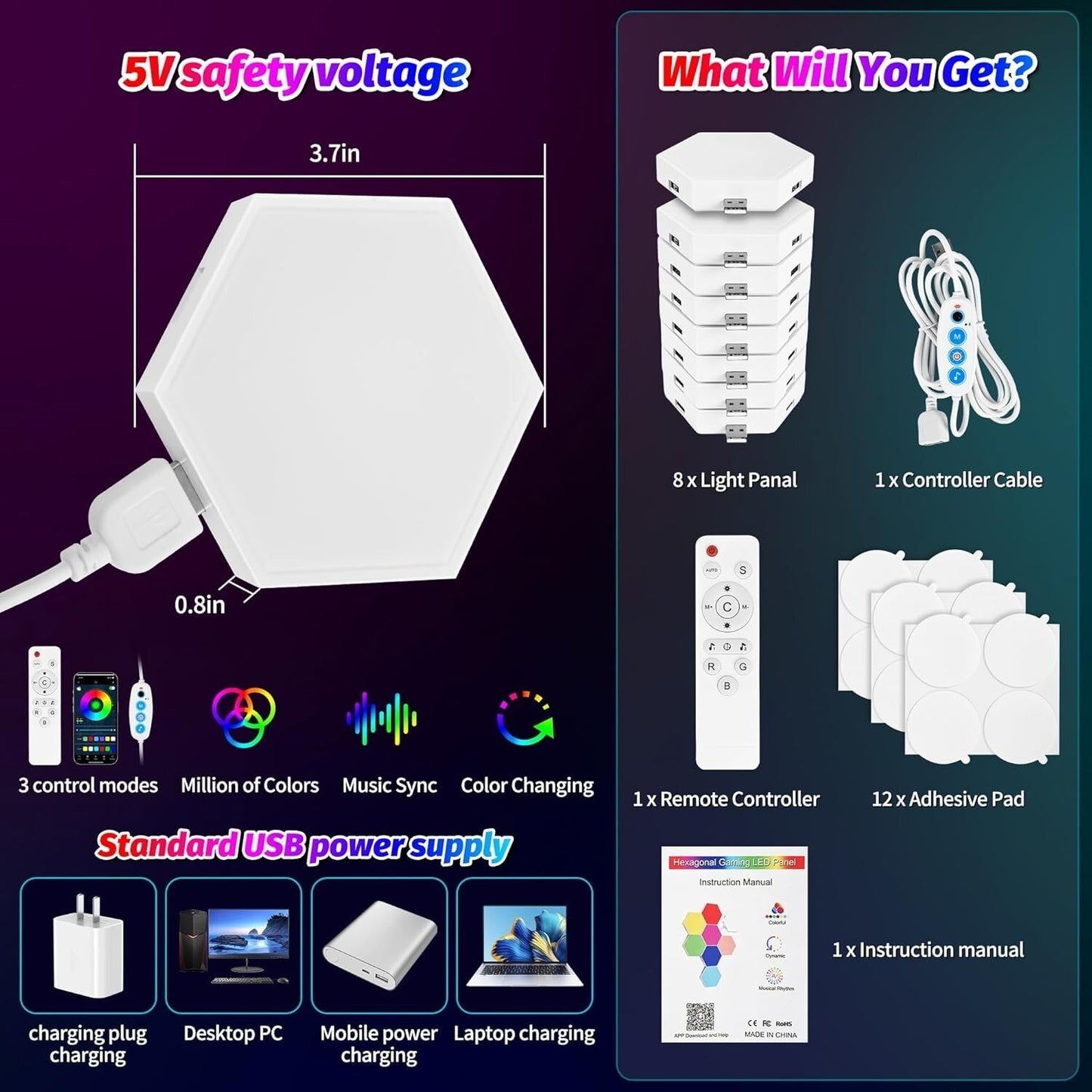 Lampade da Parete Esagonali per Gaming, Camera da Letto, Soggiorno, Sala Giochi