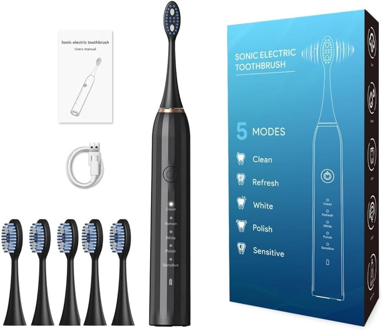 Spazzolino Elettrico Ricaricabile per Adulti e Bambini Sonico con 5 Testine