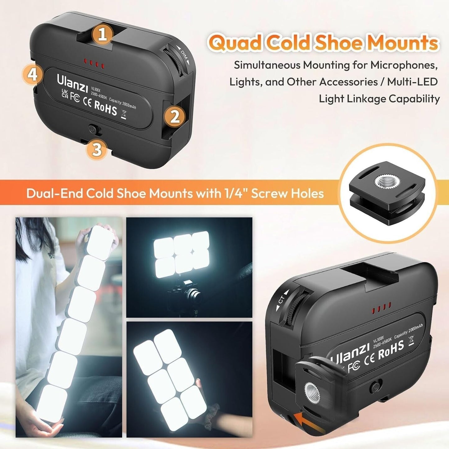 Luce selfie ULANZI VL100X con clip, luce video a LED con batteria da 2000 mAh