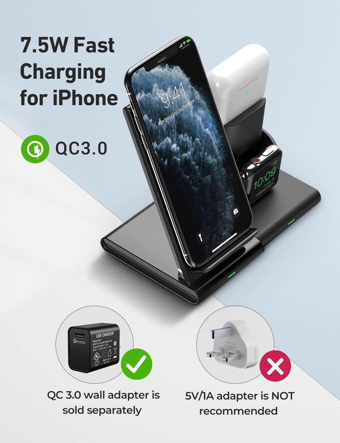 Seneo Supporto Caricabatterie Wireless Veloce 3 in 1 induzione Qi