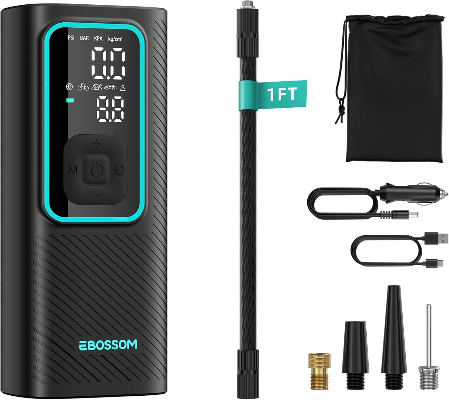 Compressore d'aria portatile per gonfiaggio pneumatici Batteria 6000mAh e 12V DC