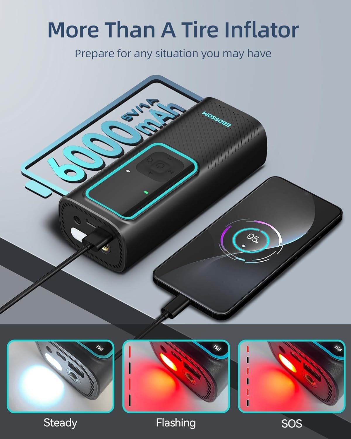 Compressore d'aria portatile per gonfiaggio pneumatici Batteria 6000mAh e 12V DC