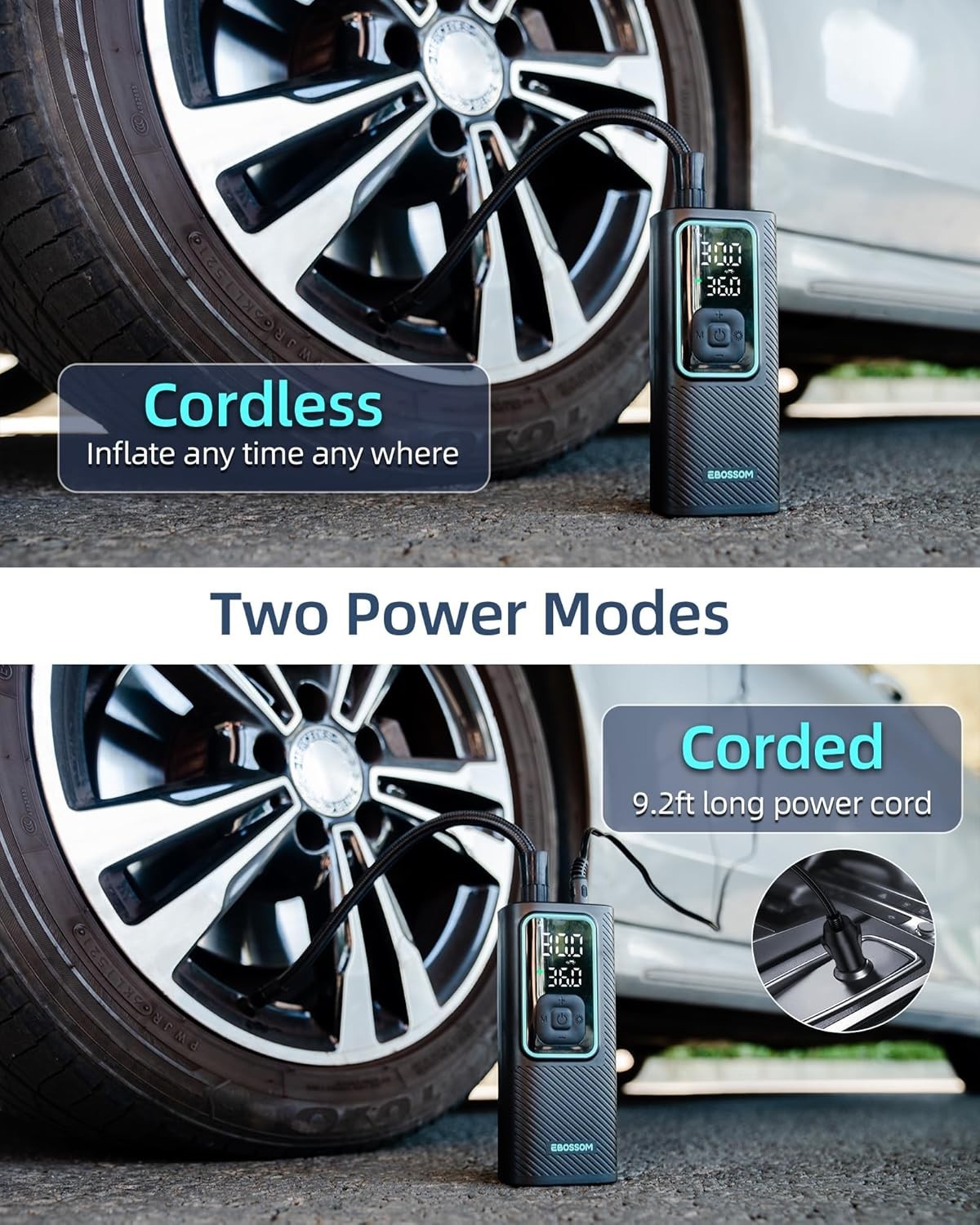 Compressore d'aria portatile per gonfiaggio pneumatici Batteria 6000mAh e 12V DC