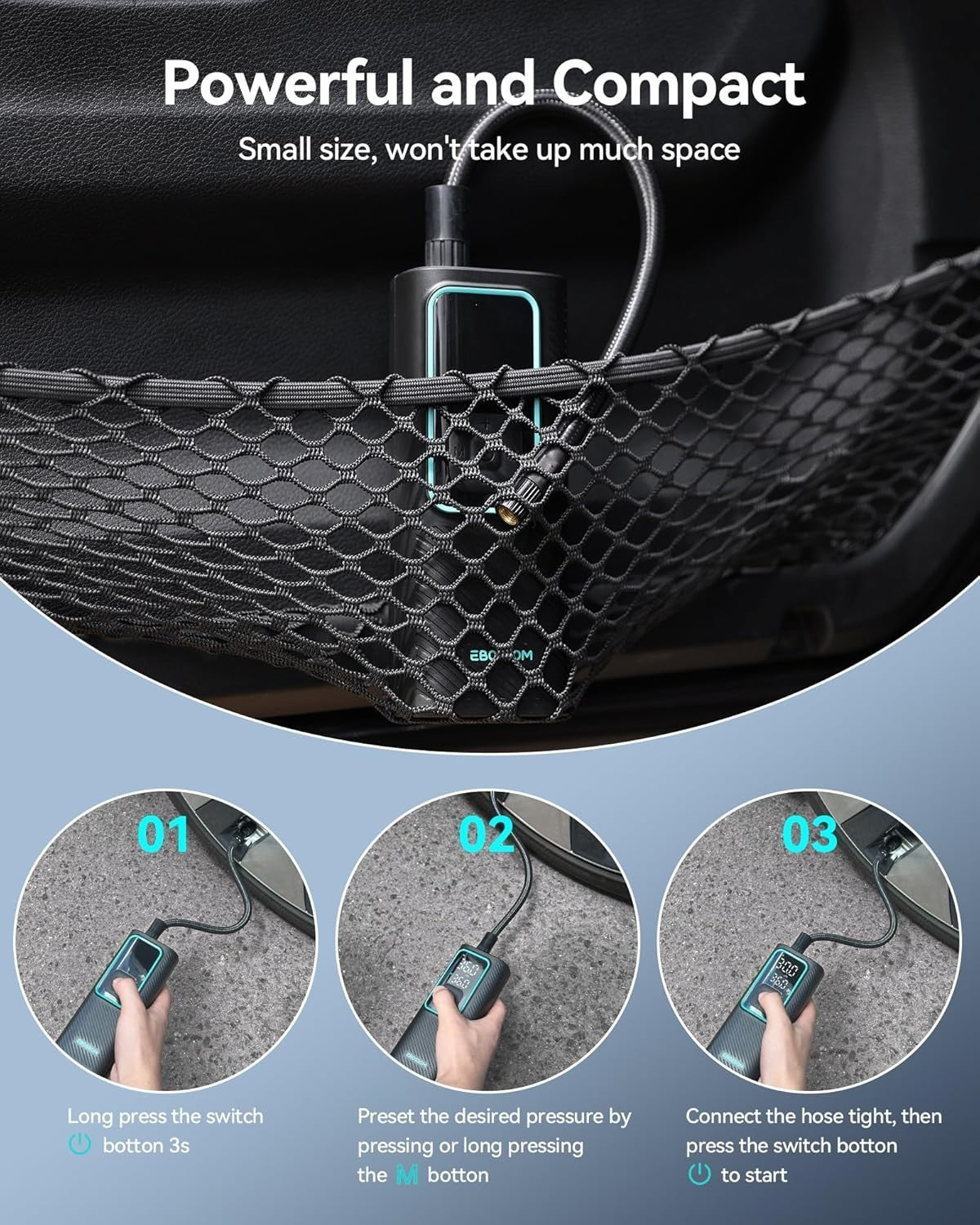 Compressore d'aria portatile per gonfiaggio pneumatici Batteria 6000mAh e 12V DC