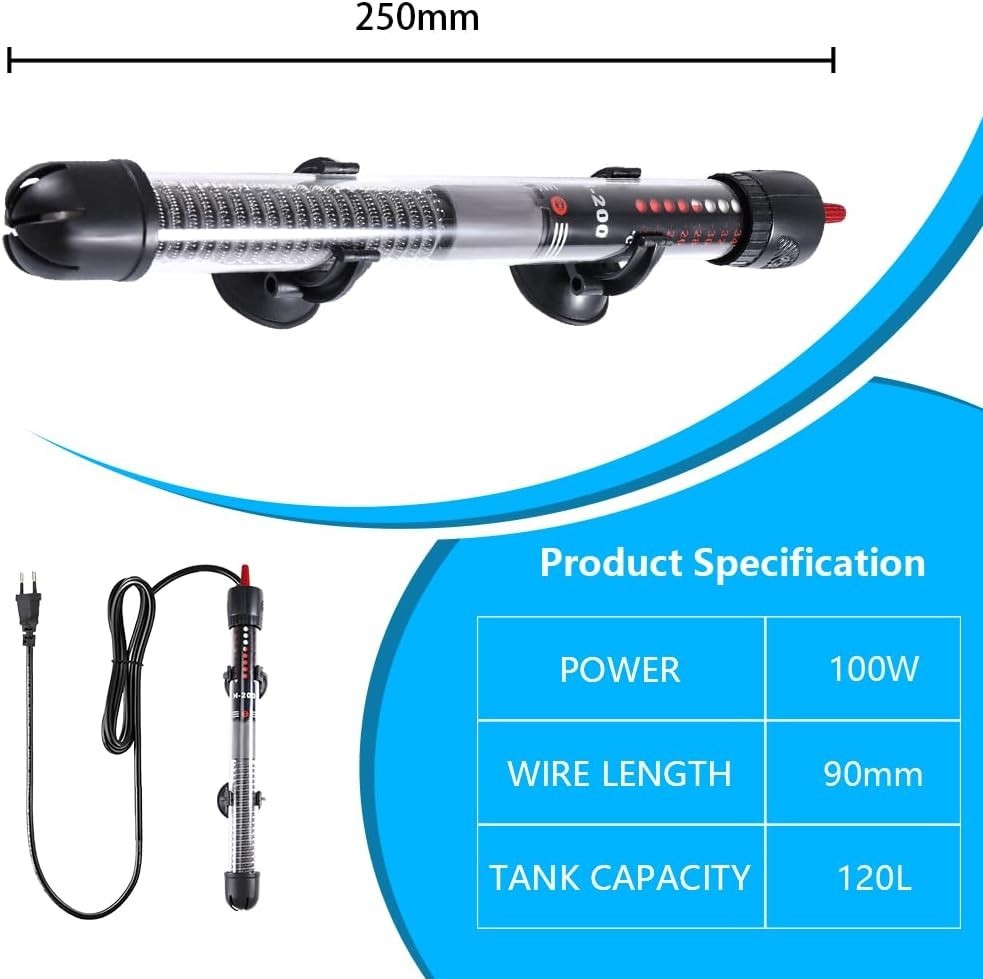 Riscaldatore per acquario 100W 100-120L con ventose temperatura regolabile
