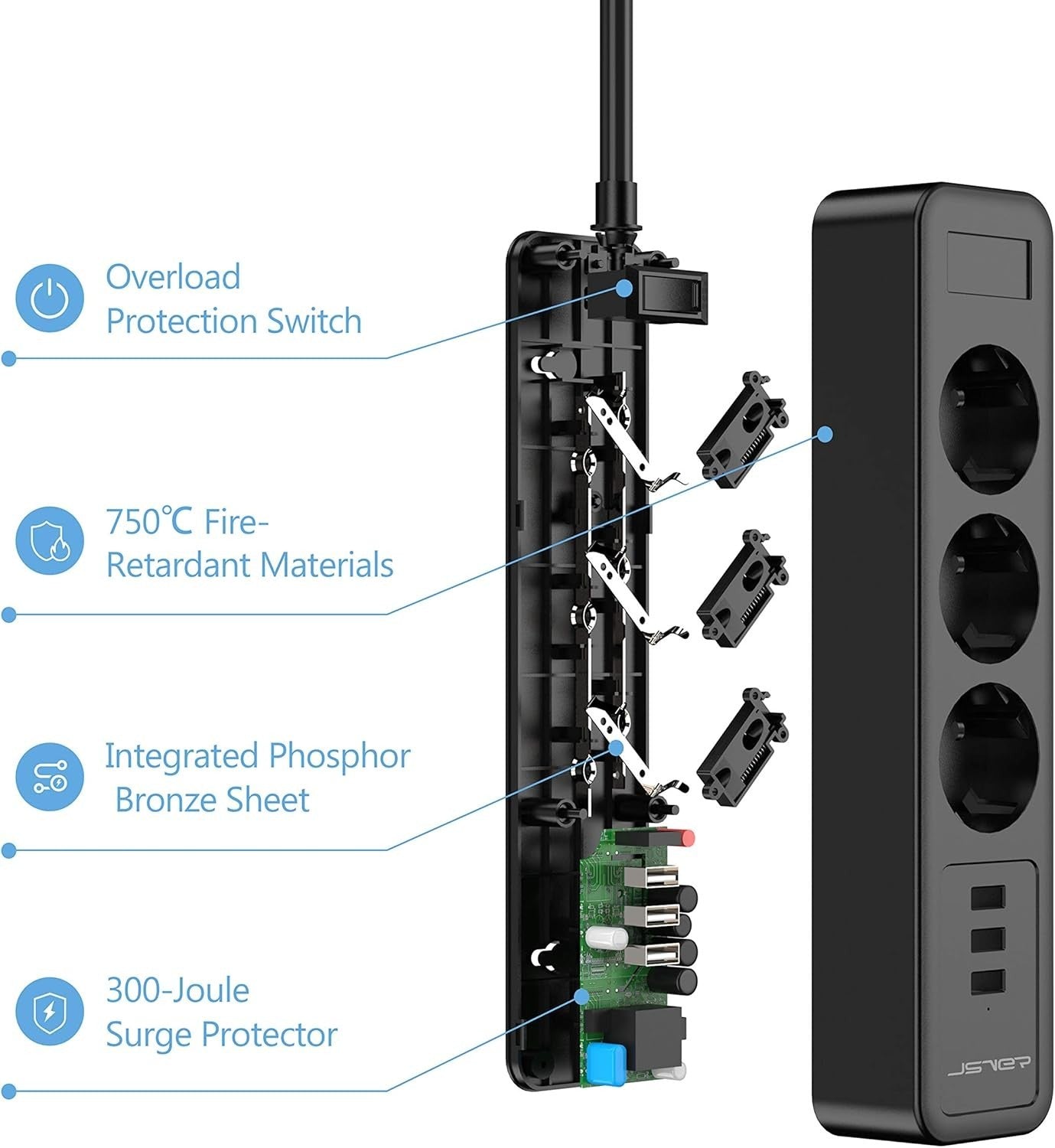 Ciabatta multipresa USB JSVER 3 prese con 3 prese USB, 3 prese (due spine)