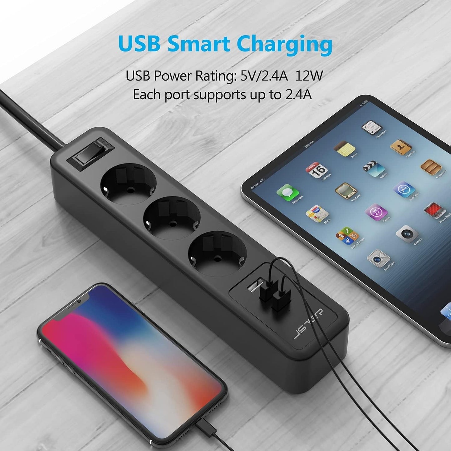 Ciabatta multipresa USB JSVER 3 prese con 3 prese USB, 3 prese (due spine)