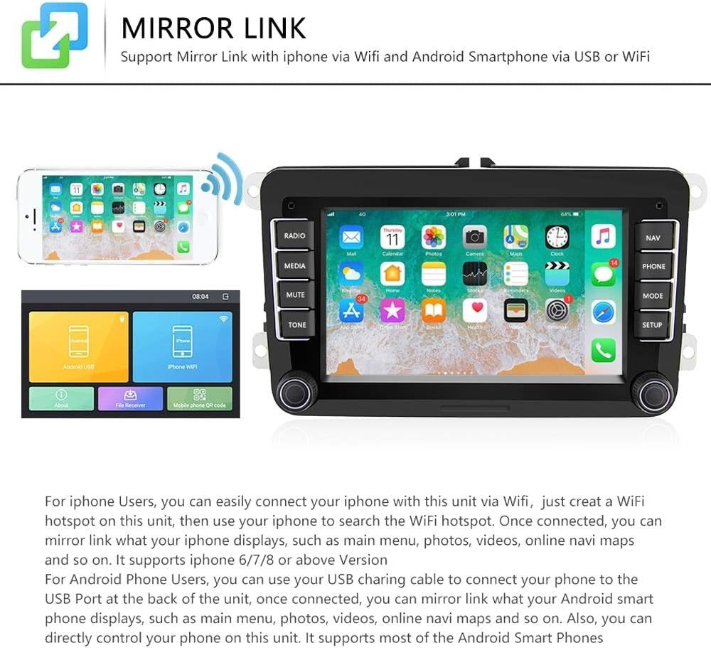 Autoradio Bluetooth 2 Din  Airplay Android 8.1 Per Skoda V/W Passat B6 Polo Golf